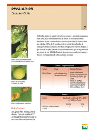 Cochonilhas são insetos sugadores de seiva que possuem a proteção de carapaças ou
ceras sendo pouco sensíveis a inseticidas de contato. Os inseticidas sistêmicos
igualmente são pouco eficazes devido às pequenas quantidades de seiva extraídas
por indivíduo.O OPPA-BR-CE age eficazmente no controle das cochonilhas de
carapaça, matando-as por asfixia.Além disso,consegue penetrar através dos poros e
por baixo das carapaças,podendo carregar outros inseticidas,que então podem atuar
por contato.Ou seja, OPPA-BR-CE controla diretamente as cochonilhas de carapaça e
também melhora a eficácia de outros inseticidas de contato.
Cultura Praga Modo de Aplicação
Plantas Cítricas Cochonilha-pardinha
(Selenaspidusarticulatus)
Aplicar quando houver
presença da praga e em caso
de reinfestação,repetir após
20 dias.
Aplicar até que haja
escorrimento,gastando-se
aproximadamente 5 a 10
litros de calda por árvore.
Espécie
Plantas de folha permanente
(Citrus)
Quantidade em litros de OPPA-BR-CE
(p/100litrosd'água)
Ataque de Selenaspidus articulatus
(cochonilha-pardinhaemfolhaseramos)
Ataque de Selenaspidus
articulatus em frutos
Fêmea de Selenaspidus articulatus
NãoaplicarOPPA-BR-CEduranteas
floradas.EviteaplicarOPPA-BR-CE
emhorasdetemperaturaelevadaou
quandoasfolhasestejammurchas.
Limitações de uso
inverno
1,5
verão
1,0
Como inseticida
OPPA-BR-CE
Culturas e Pragas Controladas
Dosagem
6
 