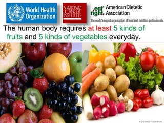 The human body requires at least 5 kinds of 
fruits and 5 kinds of vegetables everyday. 
 