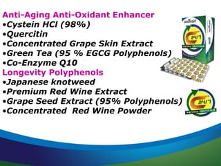 Anti-Aging Anti-Oxidant Enhancer 
•Cystein HCl (98%) 
•Quercitin 
•Concentrated Grape Skin Extract 
•Green Tea (95 % EGCG Polyphenols) 
•Co-Enzyme Q10 
Longevity Polyphenols 
•Japanese knotweed 
•Premium Red Wine Extract 
•Grape Seed Extract (95% Polyphenols) 
•Concentrated Red Wine Powder 
 