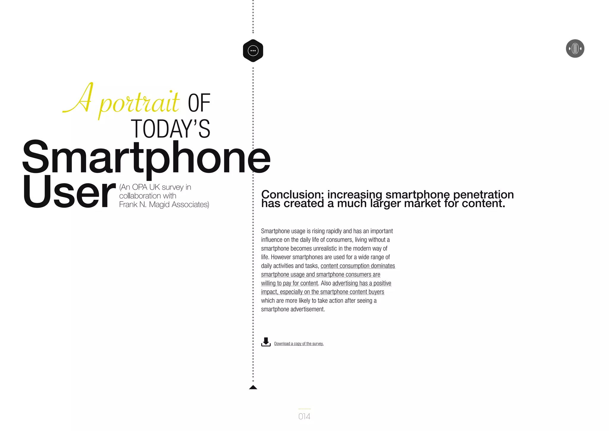 A portrait 0F
Today’s
Smartphone
User
(An OPA UK survey in
collaboration with
Frank N. Magid Associates)

Conclusion: increasing smartphone penetration
has created a much larger market for content.

Smartphone usage is rising rapidly and has an important
influence on the daily life of consumers, living without a
smartphone becomes unrealistic in the modern way of
life. However smartphones are used for a wide range of
daily activities and tasks, content consumption dominates
smartphone usage and smartphone consumers are
willing to pay for content. Also advertising has a positive
impact, especially on the smartphone content buyers
which are more likely to take action after seeing a
smartphone advertisement.

Download a copy of the survey.

014

 