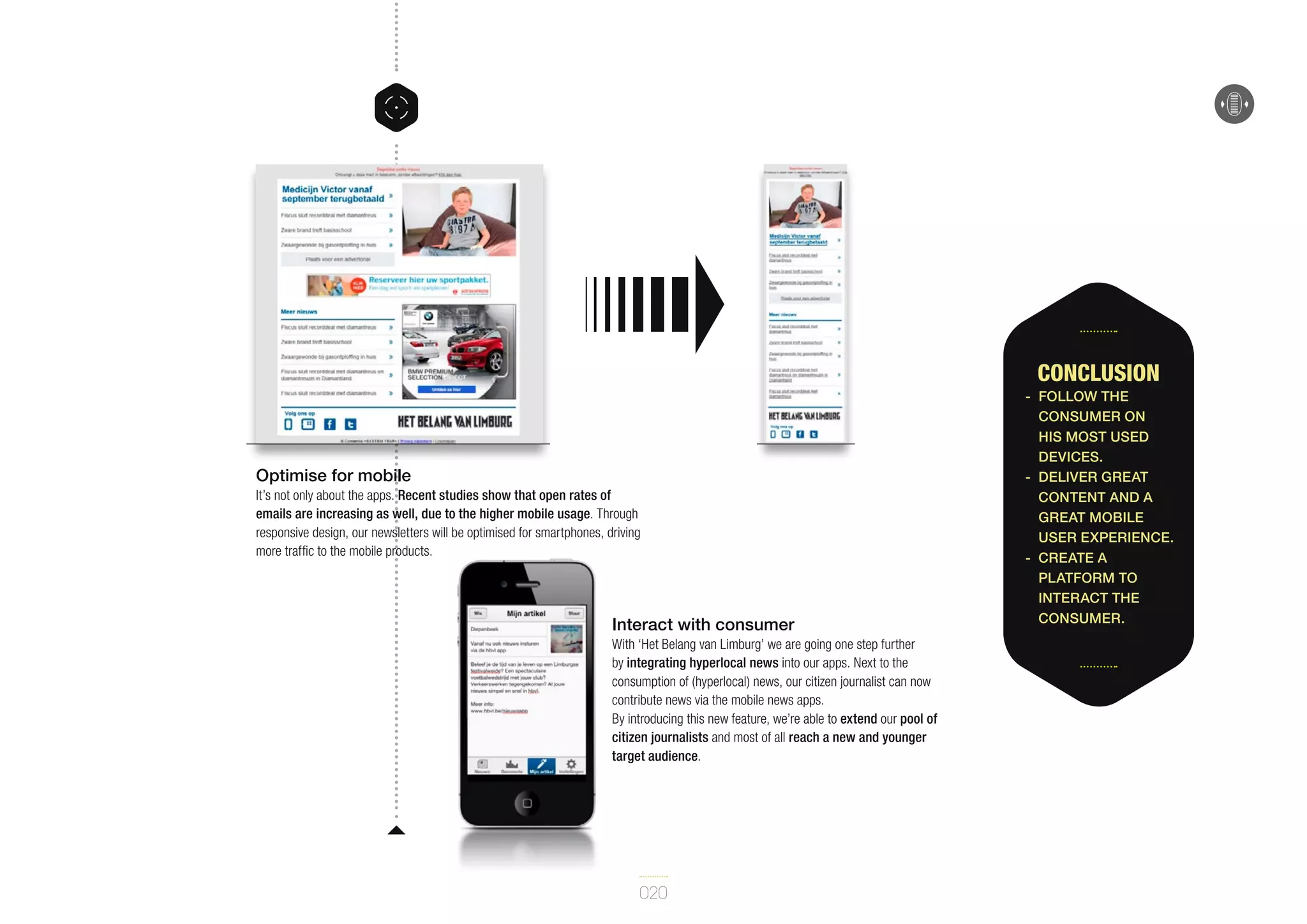 Conclusion

Optimise for mobile
It’s not only about the apps. Recent studies show that open rates of
emails are increasing as well, due to the higher mobile usage. Through
responsive design, our newsletters will be optimised for smartphones, driving
more traffic to the mobile products.

Interact with consumer
With ‘Het Belang van Limburg’ we are going one step further
by integrating hyperlocal news into our apps. Next to the
consumption of (hyperlocal) news, our citizen journalist can now
contribute news via the mobile news apps.
By introducing this new feature, we’re able to extend our pool of
citizen journalists and most of all reach a new and younger
target audience.

020

-	Follow the
consumer on
his most used
devices.
-	Deliver great
content and a
great mobile
user experience.
-	 Create a
platform to
interact the
consumer.

 