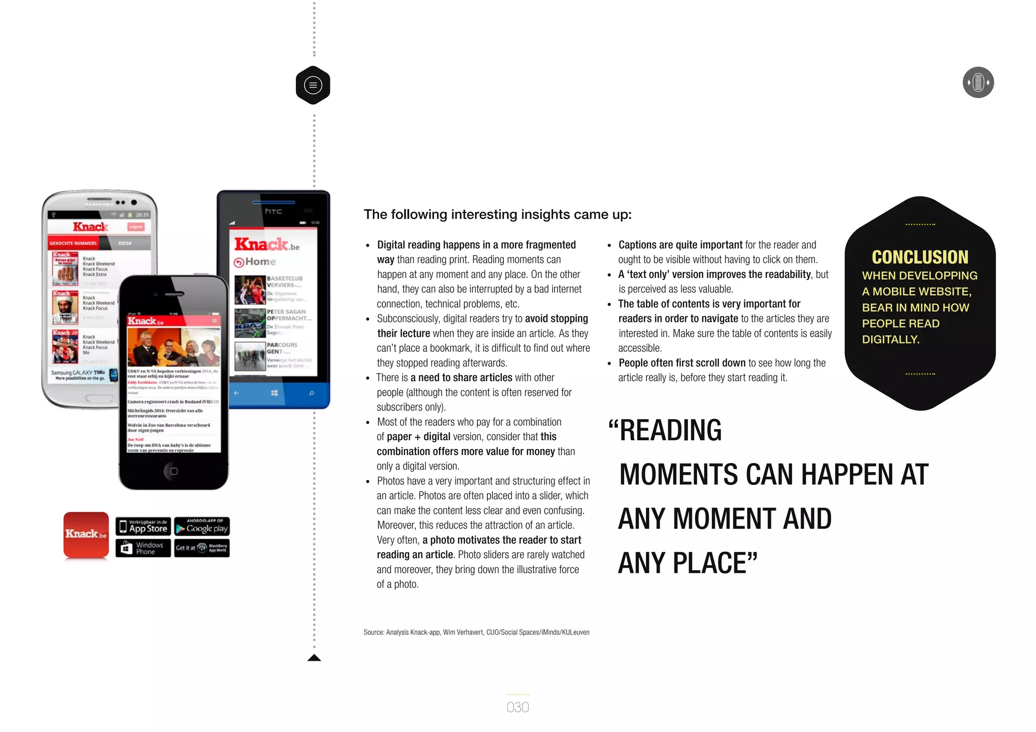 The following interesting insights came up:
•	

•	

•	

•	

•	

Digital reading happens in a more fragmented
way than reading print. Reading moments can
happen at any moment and any place. On the other
hand, they can also be interrupted by a bad internet
connection, technical problems, etc.
Subconsciously, digital readers try to avoid stopping
their lecture when they are inside an article. As they
can’t place a bookmark, it is difficult to find out where
they stopped reading afterwards.
There is a need to share articles with other
people (although the content is often reserved for
subscribers only).
Most of the readers who pay for a combination
of paper + digital version, consider that this
combination offers more value for money than
only a digital version.
Photos have a very important and structuring effect in
an article. Photos are often placed into a slider, which
can make the content less clear and even confusing.
Moreover, this reduces the attraction of an article.
Very often, a photo motivates the reader to start
reading an article. Photo sliders are rarely watched
and moreover, they bring down the illustrative force
of a photo.

Source: Analysis Knack-app, Wim Verhavert, CUO/Social Spaces/iMinds/KULeuven

030

•	
•	
•	

•	

Captions are quite important for the reader and
ought to be visible without having to click on them.
A ‘text only’ version improves the readability, but
is perceived as less valuable.
The table of contents is very important for
readers in order to navigate to the articles they are
interested in. Make sure the table of contents is easily
accessible.
People often first scroll down to see how long the
article really is, before they start reading it.

Conclusion
When developping
a mobile website,
bear in mind how
people read
digitally.

“Reading
moments can happen at
any moment and
any place”

 