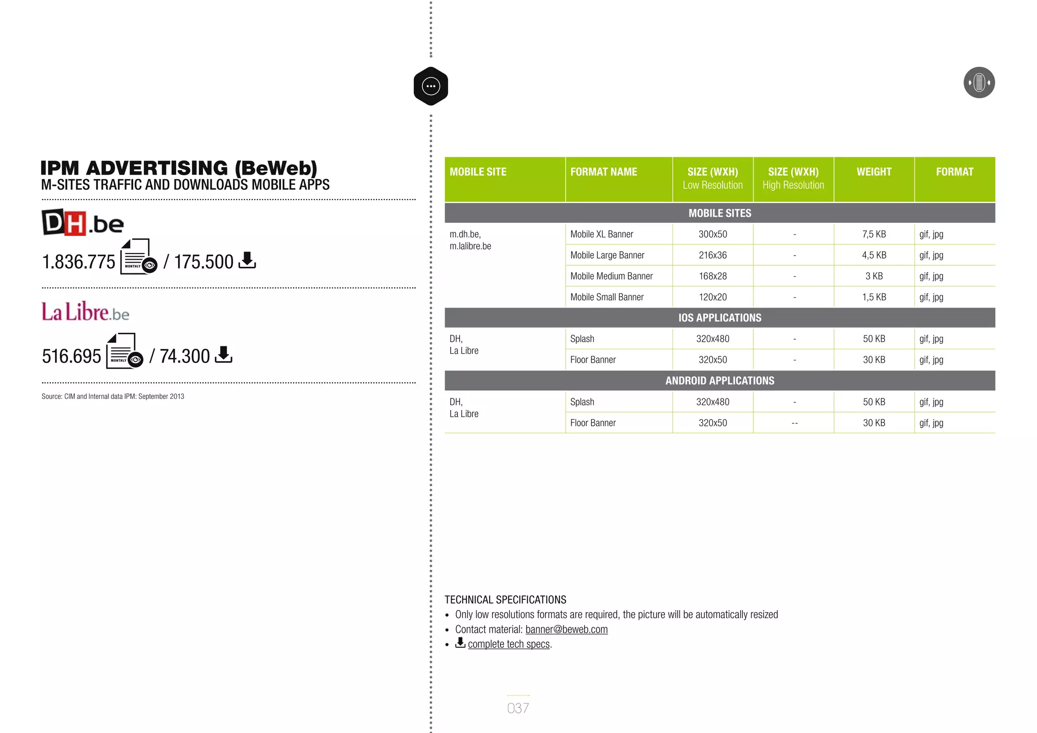 IPM ADVERTISING (BeWeb)

M-sites traffic and downloads mobile apps

Mobile site

Format name

Size (WxH)
Low Resolution

Size (WxH)
High Resolution

Weight

Format

Mobile Sites

monthly

/ 175.500

Mobile XL Banner

300x50

-

7,5 KB

gif, jpg

Mobile Large Banner

216x36

-

4,5 KB

gif, jpg

Mobile Medium Banner

168x28

-

3 KB

gif, jpg

Mobile Small Banner

1.836.775

m.dh.be,
m.lalibre.be

120x20

-

1,5 KB

gif, jpg

iOS Applications

516.695

monthly

/ 74.300

DH,
La Libre

Splash

320x480

-

50 KB

gif, jpg

Floor Banner

320x50

-

30 KB

gif, jpg

Android Applications
Source: CIM and Internal data IPM: September 2013

DH,
La Libre

Splash

320x480

-

50 KB

gif, jpg

Floor Banner

320x50

--

30 KB

gif, jpg

Technical specifications
•	 Only low resolutions formats are required, the picture will be automatically resized
•	 Contact material: banner@beweb.com
•	
complete tech specs.

037

 
