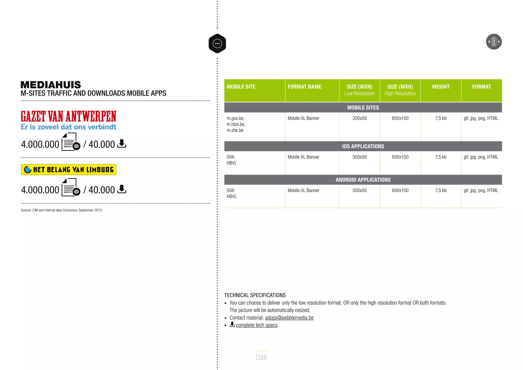 MEDIAHUIS

M-sites traffic and downloads mobile apps

Mobile site

Format name

Size (WxH)
Low Resolution

Size (WxH)
High Resolution

Weight

Format

600x100

7,5 kb

gif, jpg, png, HTML

600x100

7,5 kb

gif, jpg, png, HTML

600x100

7,5 kb

gif, jpg, png, HTML

Mobile Sites
m.gva.be,
m.hbvl.be,
m.she.be

4.000.000

monthly

Mobile XL Banner

/ 40.000

300x50

IOS APPLICATIONS
GVA
HBVL

Mobile XL Banner

300x50

ANDROID APPLICATIONS

4.000.000

monthly

/ 40.000

GVA
HBVL

Mobile XL Banner

300x50

Source: CIM and Internal data Concentra: September 2013

Technical specifications
•	 You can choose to deliver only the low resolution format, OR only the high resolution format OR both formats.
The picture will be automatically resized.
•	 Contact material: adops@pebblemedia.be
•	
complete tech specs.

038

 