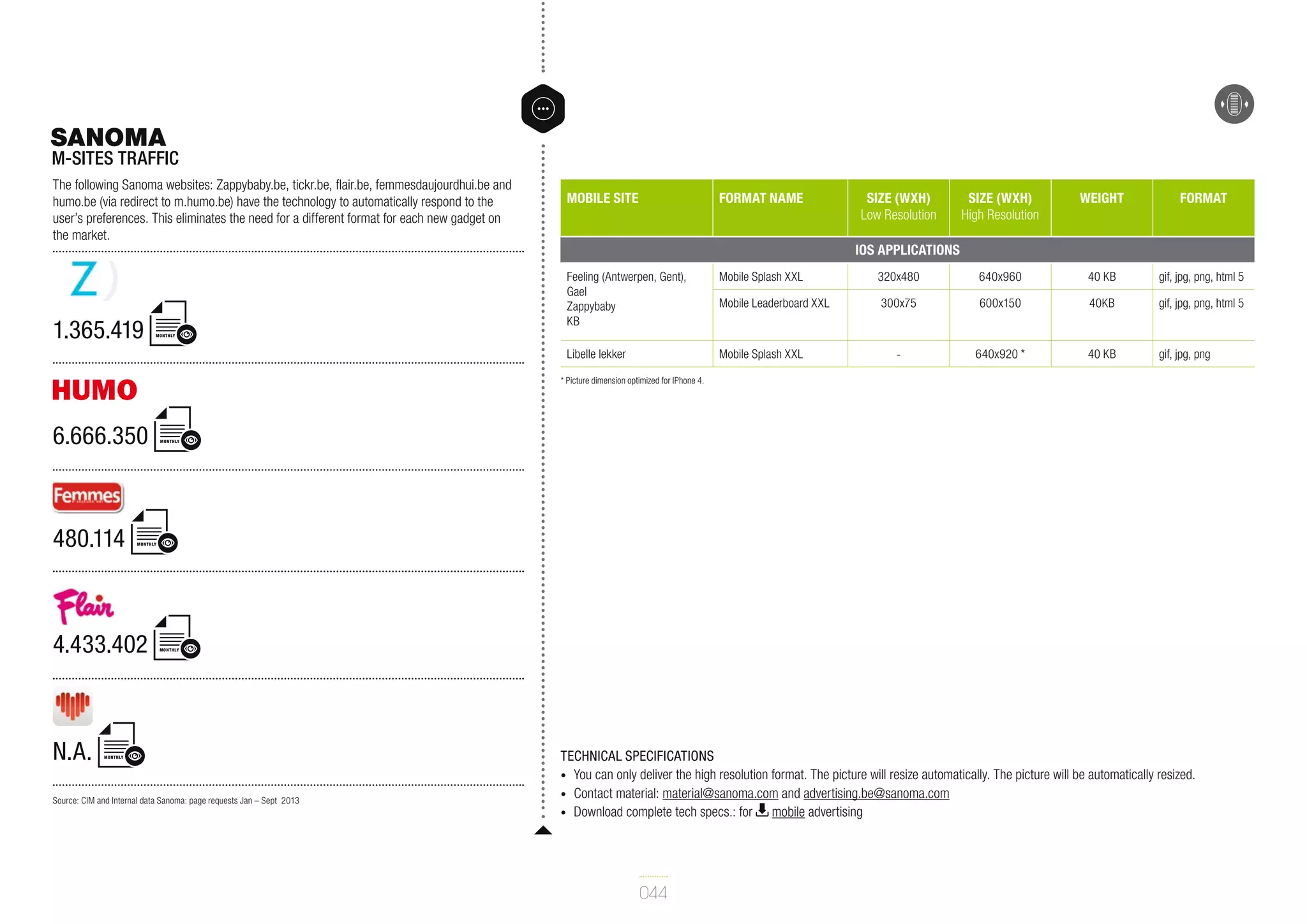 SANOMA

M-sites traffic
The following Sanoma websites: Zappybaby.be, tickr.be, flair.be, femmesdaujourdhui.be and
humo.be (via redirect to m.humo.be) have the technology to automatically respond to the
user’s preferences. This eliminates the need for a different format for each new gadget on
the market.

Mobile site

Format name

Size (WxH)
Low Resolution

Size (WxH)
High Resolution

Weight

Format

iOS Applications
Mobile Splash XXL

320x480

640x960

40 KB

gif, jpg, png, html 5

Mobile Leaderboard XXL

300x75

600x150

40KB

gif, jpg, png, html 5

Libelle lekker

1.365.419

Feeling (Antwerpen, Gent),
Gael
Zappybaby
KB

Mobile Splash XXL

-

640x920 *

40 KB

gif, jpg, png

monthly

* Picture dimension optimized for IPhone 4.

6.666.350

480.114

monthly

4.433.402

N.A.

monthly

monthly

monthly

Source: CIM and Internal data Sanoma: page requests Jan – Sept 2013

Technical specifications
•	 You can only deliver the high resolution format. The picture will resize automatically. The picture will be automatically resized.
•	 Contact material: material@sanoma.com and advertising.be@sanoma.com
•	 Download complete tech specs.: for
mobile advertising

044

 