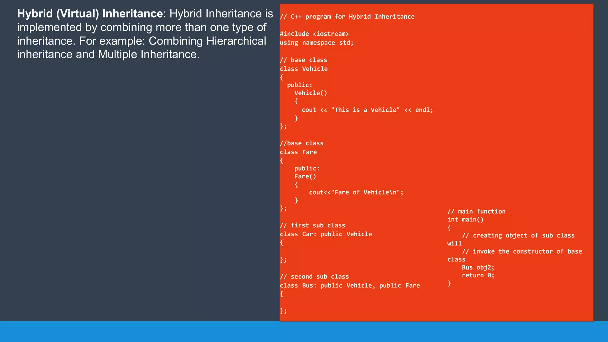 Hybrid (Virtual) Inheritance: Hybrid Inheritance is
implemented by combining more than one type of
inheritance. For example: Combining Hierarchical
inheritance and Multiple Inheritance.
// C++ program for Hybrid Inheritance
#include <iostream>
using namespace std;
// base class
class Vehicle
{
public:
Vehicle()
{
cout << "This is a Vehicle" << endl;
}
};
//base class
class Fare
{
public:
Fare()
{
cout<<"Fare of Vehiclen";
}
};
// first sub class
class Car: public Vehicle
{
};
// second sub class
class Bus: public Vehicle, public Fare
{
};
// main function
int main()
{
// creating object of sub class
will
// invoke the constructor of base
class
Bus obj2;
return 0;
}
 