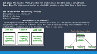 Sub Class: The class that inherits properties from another class is called Sub class or Derived Class.
Super Class:The class whose properties are inherited by sub class is called Base Class or Super class.
The article is divided into following subtopics:
1 Why and when to use inheritance?
2 Modes of Inheritance
3 Types of Inheritance
1 Why and when to use inheritance?
Consider a group of vehicles. You need to create classes for Bus, Car and Truck. The methods fuelAmount(), capacity(),
applyBrakes() will be same for all of the three classes. If we create these classes avoiding inheritance then we have to
write all of these functions in each of the three classes as shown in below figure:
This is inheritance in class
 