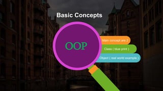 Main concept are 2
Class ( blue print )
Object ( real world example )
OOP
Basic Concepts
 
