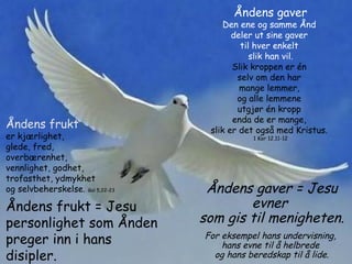 Åndens gaver = Jesu
evner
som gis til menigheten.
For eksempel hans undervisning,
hans evne til å helbrede
og hans beredskap til å lide.
Åndens frukt
er kjærlighet,
glede, fred,
overbærenhet,
vennlighet, godhet,
trofasthet, ydmykhet
og selvbeherskelse. Gal 5,22-23
Åndens frukt = Jesu
personlighet som Ånden
preger inn i hans
disipler.
Åndens gaver
Den ene og samme Ånd
deler ut sine gaver
til hver enkelt
slik han vil.
Slik kroppen er én
selv om den har
mange lemmer,
og alle lemmene
utgjør én kropp
enda de er mange,
slik er det også med Kristus.
1 Kor 12,11-12
 