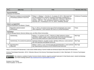 Nr Allika tüüp Viide Mendeley allika tüüp 
Konverentsiartiklid 
(Meetings and Symposia) 
39. Kogumikus avaldatud konverentsiartiklid 
(Proceedings published in book form) 
Põldoja, H., Väljataga, T., Tammets, K., & Laanpere, M. (2011). Web-based Self-and 
Peer-assessment of Teachers’ Educational Technology Competencies. H. 
Leung, E. Popescu, Y. Cao, R. Lau, & W. Nejdl (toim), Advances in Web-Based 
Learning – ICWL 2011: 10th International Conference, Hong Kong, China, 
December 2011. Proceedings (lk 122–131). Berlin / Heidelberg: Springer. 
Conference Proceedings 
Doktori- ja magistritööd 
(Doctoral Dissertations and Master’s Theses) 
Magistritöö institutsionaalsest 
andmebaasist 
Paju, H. (2012). Innovatsiooni leviku tegurid Eesti kutseõpetajate seas e-õppe 
näitel (magistritöö). Loetud aadressil http://www.cs.tlu.ee/teemaderegister/ 
Thesis 
Veebiallikad 
(Internet Message Boards, Electronic Mailing Lists, and Other Online Communities) 
Veebilehekülg Põldoja, H., & Laanpere, M. (2011). Viitamine ja viidete haldamine e-õppes: 
põhimõtted, mõisted, reeglid. Loetud aadressil http://lemill.net/content/webpages/ 
viitamine-ja-viidete-haldamine-e-oppes-pohimotted-moisted-reeglid 
Web Page 
Veebilehekülg, ilma avaldamiskuupäevata Tiigrihüppe Sihtasutus. (kuupäev puudub). DigiTiiger põhikursus. Loetud aadressil 
http://www.tiigrihype.ee/et/digitiiger-pohikursus 
Web Page 
76. Ajaveebipostitus 
(Blog post) 
Põldoja, H. (2012, 2. juuni). Kursuse kokkuvõte (ajaveebipostitus). Loetud aadressil 
http://oppematerjalid.wordpress.com/2012/06/02/kursuse-kokkuvote/ 
Web Page 
Viited on vormistatud APA käsiraamatu 6. trükis toodud näidete eeskujul. Numbrid näidete ees tähistavad täpseid allika tüüpe APA käsiraamatus. 
American Psychological Association. (2010). Publication Manual of the American Psychological Association (6. trükk). Washington, DC: American Psychological 
Association. 
! See materjal on avaldatud Creative Commons Autorile viitamine–Jagamine samadel tingimustel 3.0 Eesti litsentsi alusel. Litsentsi terviktekstiga 
! tutvumiseks külastage aadressi http://creativecommons.org/licenses/by-sa/3.0/ee/ 
Koostanud: Hans Põldoja 
Viimati muudetud: 10. mai 2014 
 
