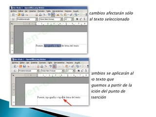 Los cambios afectarán sólo   al texto seleccionado     Los cambios se aplicarán al    nuevo texto que    agreguemos a partir de la   posición del punto de  inserción   