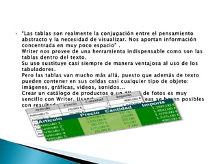 “ Las tablas son realmente la conjugación entre el pensamiento abstracto y la necesidad de visualizar. Nos aportan información concentrada en muy poco espacio” . Writer nos provee de una herramienta indispensable como son las tablas dentro del texto. Su uso sustituye casi siempre de manera ventajosa al uso de los tabuladores. Pero las tablas van mucho más allá, puesto que además de texto pueden contener en sus celdas casi cualquier tipo de objeto: imágenes, gráficas, videos, sonidos... Crear un catálogo de productos o un álbum de fotos es muy sencillo con Writer. Usando tablas muchas ideas se hacen posibles con resultados muy vistosos y con unos pocos clics.   