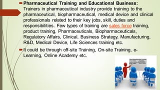 Pharmaceutical Training and Educational Business:
Trainers in pharmaceutical industry provide training to the
pharmaceutical, biopharmaceutical, medical device and clinical
professionals related to their key jobs, skill, duties and
responsibilities. Few types of training are sales force training,
product training, Pharmaceuticals, Biopharmaceuticals,
Regulatory Affairs, Clinical, Business Strategy, Manufacturing,
R&D, Medical Device, Life Sciences training etc.
It could be through off-site Training, On-site Training, e-
Learning, Online Academy etc.
 