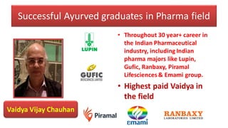 Successful Ayurved graduates in Pharma field
• Throughout 30 year+ career in
the Indian Pharmaceutical
industry, including Indian
pharma majors like Lupin,
Gufic, Ranbaxy, Piramal
Lifesciences& Emami group.
• Highest paid Vaidya in
the field
Vaidya Vijay Chauhan
 