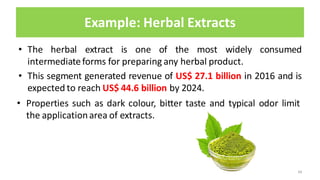 Example: Herbal Extracts
• The herbal extract is one of the most widely consumed
intermediateforms for preparing any herbal product.
• This segment generated revenue of US$ 27.1 billion in 2016 and is
expected to reach US$ 44.6 billion by 2024.
64
• Properties such as dark colour, bitter taste and typical odor limit
the applicationarea of extracts.
 
