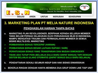E . S . N SOLUSI         ANDA         UNTUK         MERUBAH         KEHIDUPANFUNGSI PROPOLIS UNTUK MANUSIADETOKSIFIKASI : PEMBUANGAN RACUN DALAM TUBUHANTIBIOTIK ALAMI : TIDAK ADA EFEK SAMPING3.  MENINGKATKAN IMUNITAS : KEKEBALAN TUBUH4.  ANTI OKSIDAN: ANTI KANKER DAN TUMOR5.  NUTRISI YANG SANGAT TINGGI : MENGANDUNG BERBAGAI MACAM VITAMINMENJAGA DARI SERANGAN BERBAGAI PENYAKIT YANG DITIMBULKAN OLEH VIRUS, BAKTERI DAN JAMUR SERTA MENINGKATKAN KEKEBALAN TUBUH