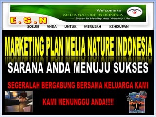 PERKEMBANGAN DAN BESAR KECILNYA BONUS DITENTUKAN OLEH PERTUMBUHAN JARINGAN ATAU GRUP SEBELAH KIRI DAN SEBELAH KANANJENIS DAN SISTEM PEMBAYARAN BONUSBONUS DI MELIA NATURE INDONESIA HANYA ADA TIGA JENIS DAN SEMUA PERHITUNGAN BONUS DISAJIKAN DI WEBSITE PRIBADI MEMBER . BONUS SPONSORBONUS LEADERSHIPBONUS UNILEVELPEMBAYARAN BONUS BONUS DI MELIA NATURE INDONESIA DENGAN DUA CARA :PEMBAYARAN BONUS HARIAN ( BONUS SPONSOR & BONUS LEADERSHIP )BONUS BULANAN ( BONUS UNILEVEL )SEBENARNYA MASIH ADA SATU LAGI KEUNTUNGAN MEMBER/ LEADER YAITU KEUNTUNGAN PENJUALAN RETAIL LEBIH KURANG SEBESAR  20 %AA1A1A3A2A3A2A4A5A6A7BONUS SPONSOR (MENGAJAK)AndaAndaAndaSponsoring (Mengajak)  A sebanyak 1unit memperoleh Bonus  Rp  100.000Sponsoring (Mengajak)  A sebanyak  3 unit memperoleh Bonus  Rp  300.000Sponsoring (Mengajak)  A sebanyak  7 unit memperoleh Bonus  Rp  700.000BONUS SPONSOR ADALAH BONUS YANG AKAN DIPEROLEH SETIAP MEMBER/LEADER KARENA MAMPU MENGAJAK MEMBER BARU UNTUK BERGABUNG SEBAGAI MEMBER DI MELIA NATURE INDONESIA YANG NILAINYA ADALAH RP 100,000 X BANYAKNYA UNIT MEMBER YANG BERGABUNG