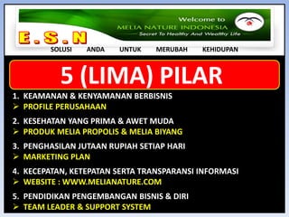 E . S . N SOLUSI         ANDA         UNTUK         MERUBAH         KEHIDUPAN5 (LIMA) PILAR KEAMANAN & KENYAMANAN BERBISNISPROFILE PERUSAHAANKESEHATAN YANG PRIMA & AWET MUDAPRODUK MELIA PROPOLIS & MELIA BIYANGPENGHASILAN JUTAAN RUPIAH SETIAP HARIMARKETING PLANKECEPATAN, KETEPATAN SERTA TRANSPARANSI INFORMASIWEBSITE : WWW.MELIANATURE.COMPENDIDIKAN PENGEMBANGAN BISNIS & DIRITEAM LEADER & SUPPORT SYSTEME . S . N SOLUSI         ANDA         UNTUK         MERUBAH         KEHIDUPANPROFIL  PERUSAHAAN PT. MELIA NATURE INDONESIAPT MELIA NATURE INDONESIA TERHUBUNG DENGAN DUA PERUSAHAAN MANUFACTURING BESAR MOTHER NATURE HEALTH PRODUCTS PTY. LIMITED ( AUSTRALIA )