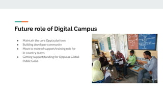 Future role of Digital Campus
● Maintain the core Oppia platform
● Building developer community
● Move to more of support/...