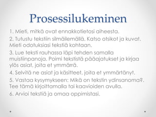 Prosessilukeminen
1. Mieti, mitkä ovat ennakkotietosi aiheesta.
2. Tutustu tekstiin silmäilemällä. Katso otsikot ja kuvat.
Mieti odotuksiasi tekstiä kohtaan.
3. Lue teksti rauhassa läpi tehden samalla
muistiinpanoja. Poimi tekstistä pääajatukset ja kirjaa
ylös asiat, joita et ymmärrä.
4. Selvitä ne asiat ja käsitteet, joita et ymmärtänyt.
5. Vastaa kysymykseen: Mikä on tekstin ydinsanoma?.
Tee tämä kirjoittamalla tai kaavioiden avulla.
6. Arvioi tekstiä ja omaa oppimistasi.
 