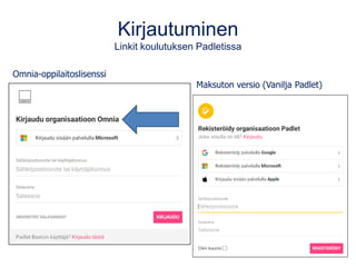 Kirjautuminen
Linkit koulutuksen Padletissa
Omnia-oppilaitoslisenssi
Maksuton versio (Vanilja Padlet)
 