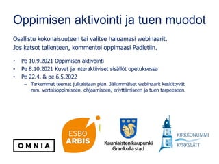 Oppimisen aktivointi ja tuen muodot
Osallistu kokonaisuuteen tai valitse haluamasi webinaarit.
Jos katsot tallenteen, kommentoi oppimaasi Padletiin.
• Pe 10.9.2021 Oppimisen aktivointi
• Pe 8.10.2021 Kuvat ja interaktiiviset sisällöt opetuksessa
• Pe 22.4. & pe 6.5.2022
– Tarkemmat teemat julkaistaan pian. Jälkimmäiset webinaarit keskittyvät
mm. vertaisoppimiseen, ohjaamiseen, eriyttämiseen ja tuen tarpeeseen.
 