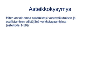 Asteikkokysymys
Miten arvioit omaa osaamistasi vuorovaikutuksen ja
osallistamisen edistäjänä verkkotapaamisissa
(asteikolla 1-10)?
 