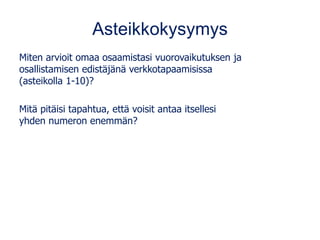 Asteikkokysymys
Miten arvioit omaa osaamistasi vuorovaikutuksen ja
osallistamisen edistäjänä verkkotapaamisissa
(asteikolla 1-10)?
Mitä pitäisi tapahtua, että voisit antaa itsellesi
yhden numeron enemmän?
 