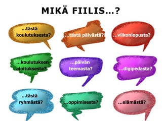 MIKÄ FIILIS…?
…tästä
koulutuksesta? …tästä päivästä? …viikonlopusta?
…koulutuksen …päivän
aloituksesta? teemasta? …digipedasta?
…tästä
ryhmästä? …oppimisesta? …elämästä?
 