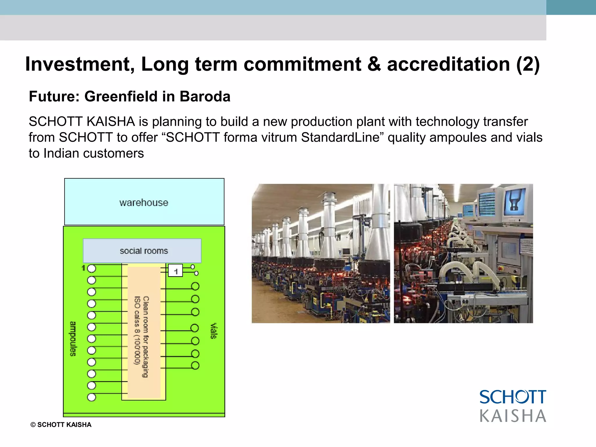 © SCHOTT KAISHA
Investment, Long term commitment & accreditation (2)
Future: Greenfield in Baroda
SCHOTT KAISHA is planning to build a new production plant with technology transfer
from SCHOTT to offer “SCHOTT forma vitrum StandardLine” quality ampoules and vials
to Indian customers
 