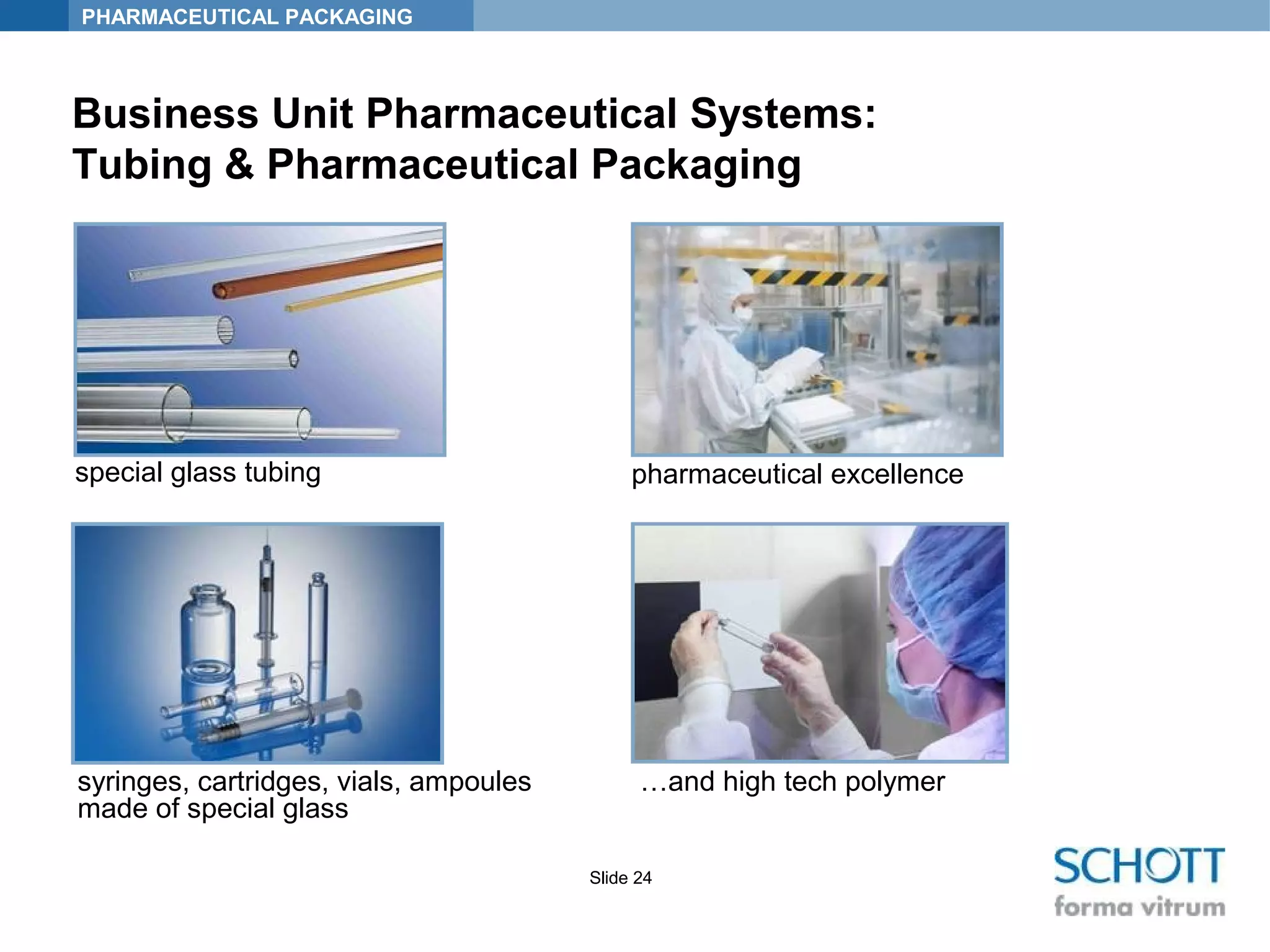 PHARMACEUTICAL PACKAGING
Slide 24
syringes, cartridges, vials, ampoules
made of special glass
special glass tubing pharmaceutical excellence
…and high tech polymer
Business Unit Pharmaceutical Systems:
Tubing & Pharmaceutical Packaging
 