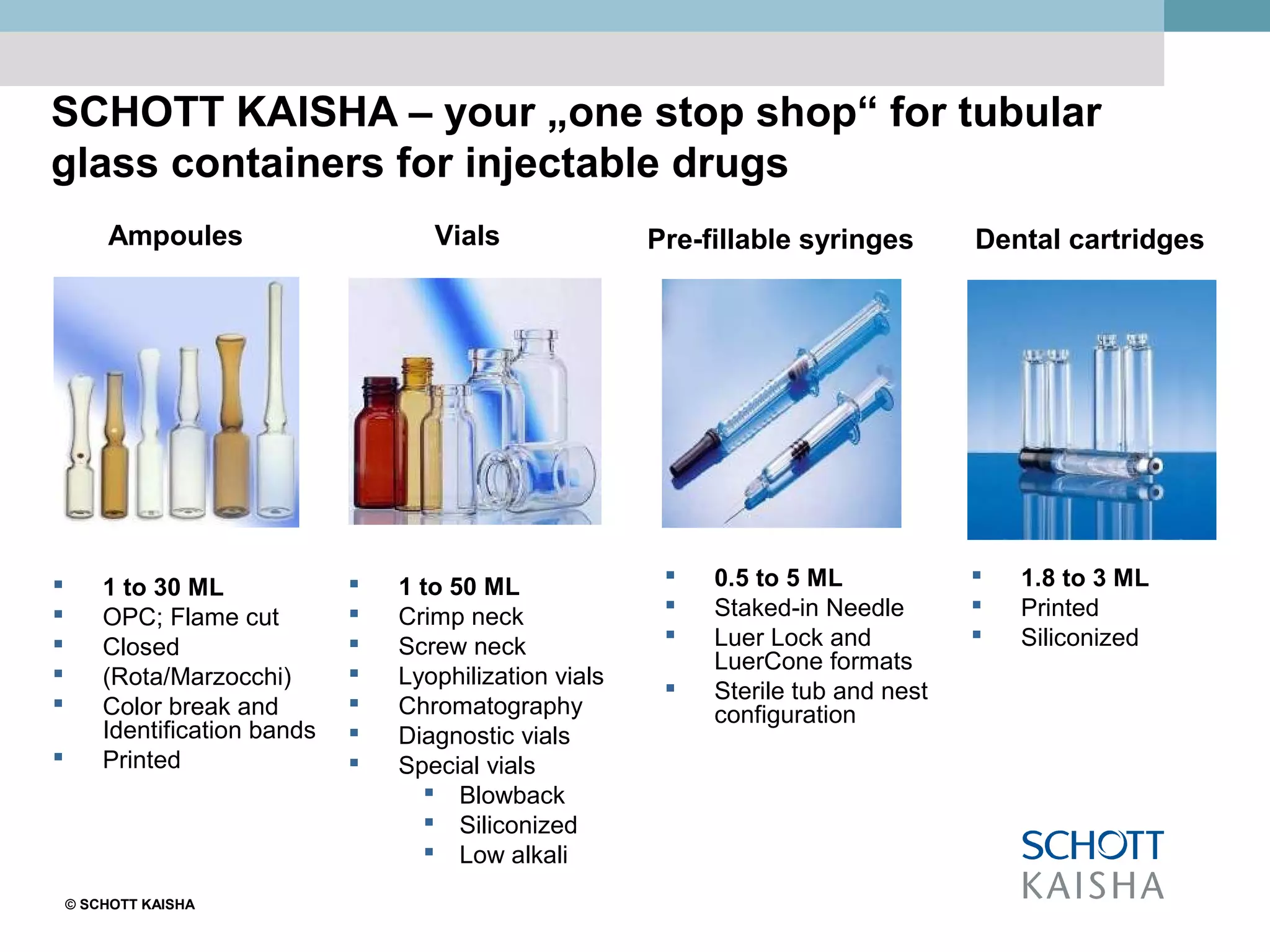 © SCHOTT KAISHA
SCHOTT KAISHA – your „one stop shop“ for tubular
glass containers for injectable drugs
 1 to 30 ML
 OPC; Flame cut
 Closed
 (Rota/Marzocchi)
 Color break and
Identification bands
 Printed
 1 to 50 ML
 Crimp neck
 Screw neck
 Lyophilization vials
 Chromatography
 Diagnostic vials
 Special vials
 Blowback
 Siliconized
 Low alkali
 0.5 to 5 ML
 Staked-in Needle
 Luer Lock and
LuerCone formats
 Sterile tub and nest
configuration
Vials Dental cartridgesPre-fillable syringesAmpoules
 1.8 to 3 ML
 Printed
 Siliconized
 