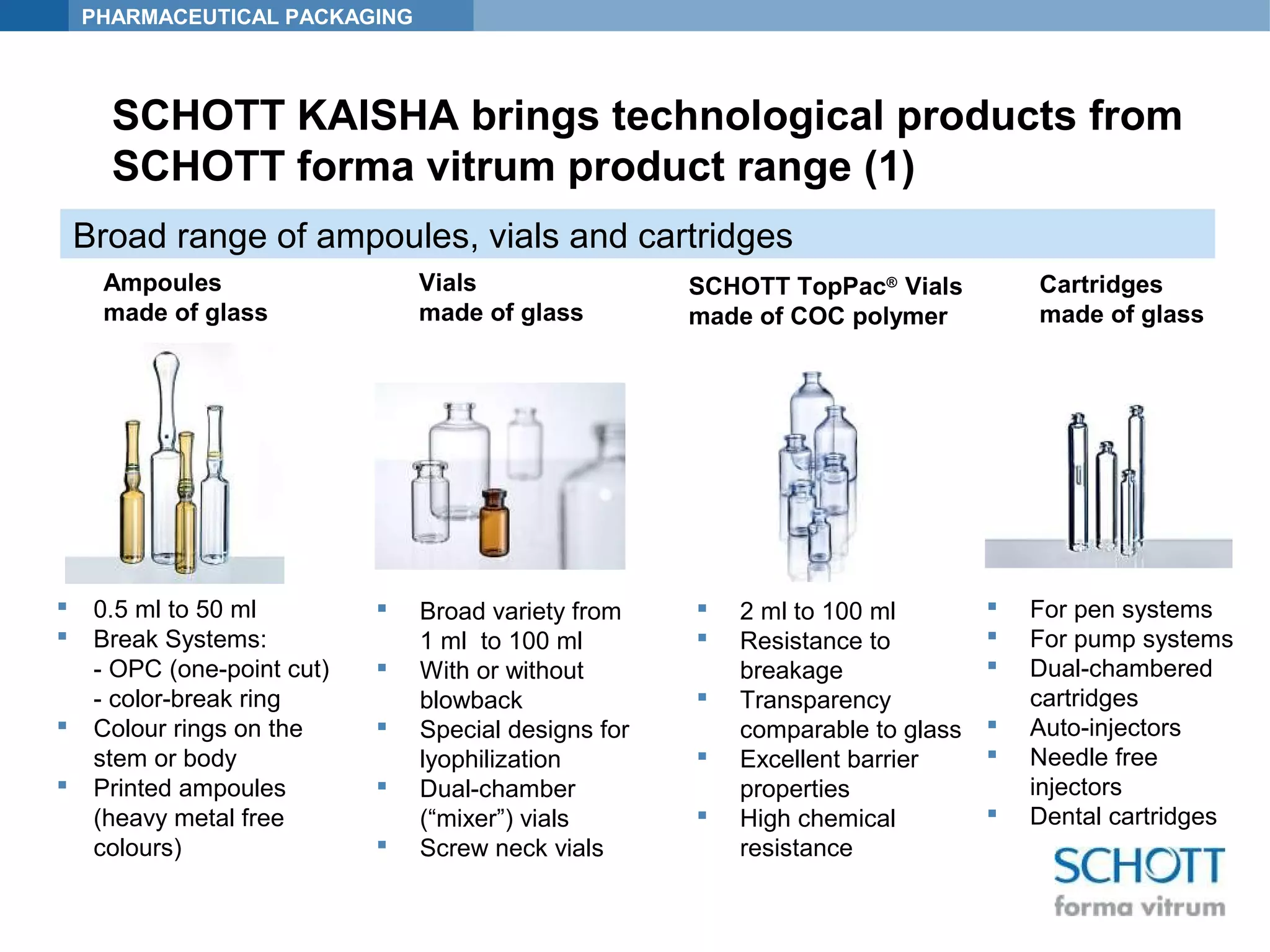 PHARMACEUTICAL PACKAGING
SCHOTT KAISHA brings technological products from
SCHOTT forma vitrum product range (1)
 0.5 ml to 50 ml
 Break Systems:
- OPC (one-point cut)
- color-break ring
 Colour rings on the
stem or body
 Printed ampoules
(heavy metal free
colours)
 2 ml to 100 ml
 Resistance to
breakage
 Transparency
comparable to glass
 Excellent barrier
properties
 High chemical
resistance
 Broad variety from
1 ml to 100 ml
 With or without
blowback
 Special designs for
lyophilization
 Dual-chamber
(“mixer”) vials
 Screw neck vials
Vials
made of glass
Cartridges
made of glass
SCHOTT TopPac®
Vials
made of COC polymer
Ampoules
made of glass
 For pen systems
 For pump systems
 Dual-chambered
cartridges
 Auto-injectors
 Needle free
injectors
 Dental cartridges
Broad range of ampoules, vials and cartridges
 