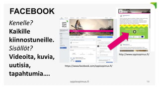 FACEBOOK
oppisopimus.fi 14
https://www.facebook.com/oppisopimus.fi/
http://www.oppisopimus.fi/
Kenelle?
Kaikille
kiinnostuneille.
Sisällöt?
Videoita, kuvia,
uutisia,
tapahtumia….
 