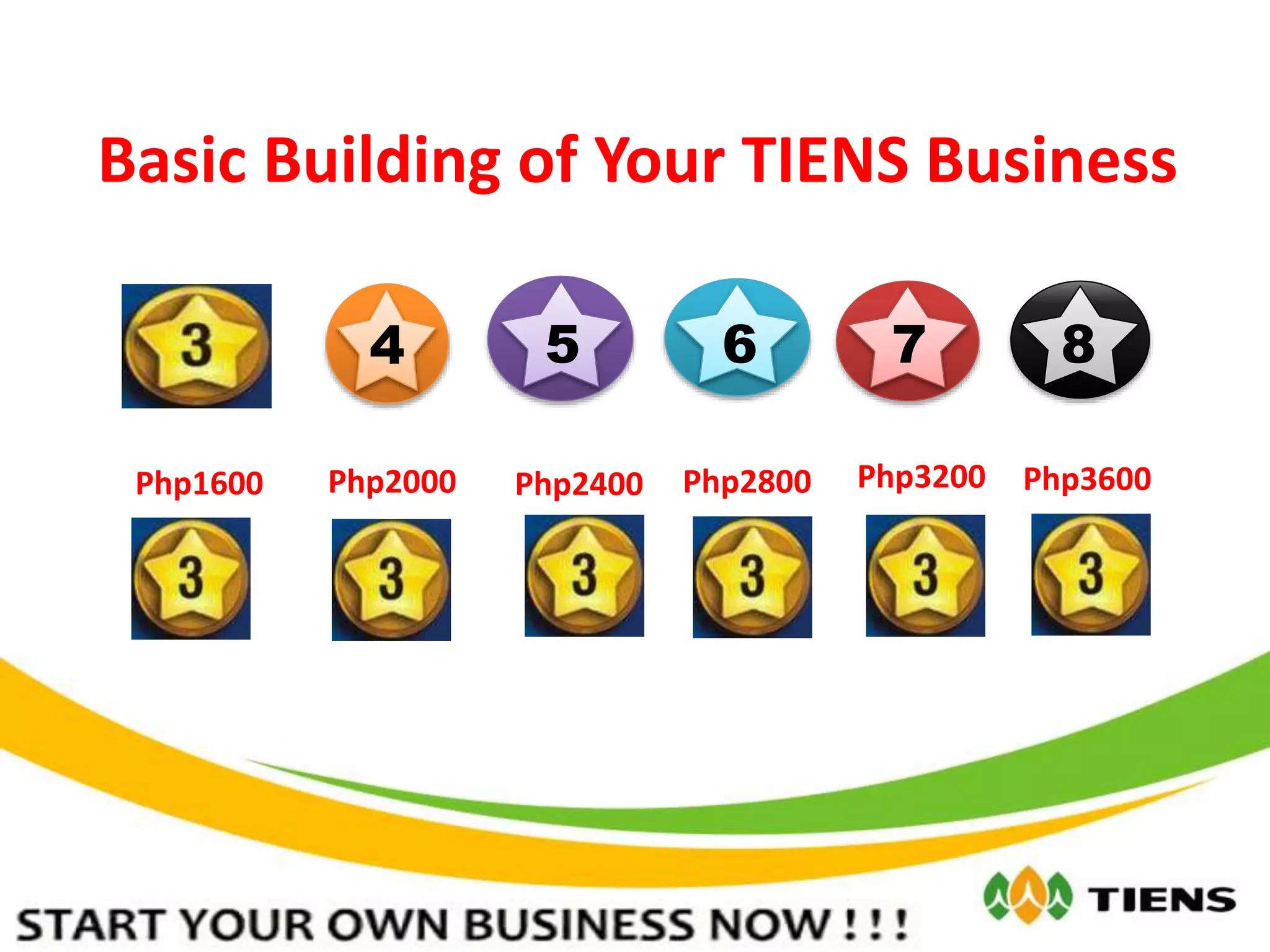 Basic Building of Your TIENS Business
4 5 6 7 8
Php1600 Php2000 Php2400 Php2800 Php3200 Php3600
 