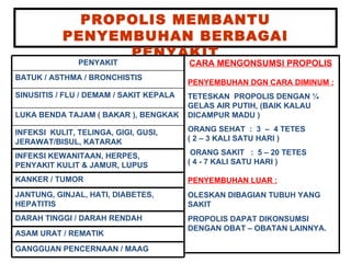 PROPOLIS MEMBANTU PENYEMBUHAN BERBAGAI PENYAKIT CARA MENGO N SUMSI PROPOLIS   PENYEMBUHAN  DGN CARA  DIMINUM : TETESKAN  PROPOLIS DENGAN ¼ GELAS AIR PUTIH, (BAIK KALAU DICAMPUR MADU ) ORANG SEHAT  :  3  –  4 TETES  ( 2 – 3 KALI SATU HARI ) ORANG SAKIT  :  5 –  2 0 TETES  ( 4 - 7 KALI SATU HARI ) PENYEMBUHAN LUAR :   OLESKAN DIBAGIAN TUBUH YANG SAKIT PROPOLIS DAPAT DIKO N SUMSI DENGAN OBAT – OBATAN LAINNYA. PENYAKIT BATUK / ASTHMA / BRONCHISTIS  SINUSITIS / FLU / DEMAM / SAKIT KEPALA LUKA BENDA TAJAM ( BAKAR ), BENGKAK INFEKSI  KULIT, TELINGA, GIGI, GUSI, JERAWAT/BISUL , KATARAK INFEKSI  KEWANITAAN , HERPES,  PENYAKIT KULIT & JAMUR , LUPUS KANKER / TUMOR JANTUNG, GINJAL, HATI, DIABETES, HEPATITIS DARAH TINGGI / DARAH RENDAH ASAM URAT / REMATIK GANGGUAN PENCERNAAN / MAAG 