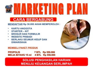 MARKETING PLAN MENDAFTAR  Rp 30.000 AKAN MEMPEROLEH : KARTU ANGGOTA  STARTER – KIT BROSUR  DAN  FORMULIR WEBSITE PRIBADI BERLAKU SEUMUR HIDUP DAN DIWARISKAN MEMBELI PAKET PRODUK PROPOLIS    7 BTL  Rp 550 . 000 MELIA BIYANG 15 ml  4 BTL  Rp 550 . 000 CARA BERGABUNG SOLUSI PENGHASILAN HARIAN MENUJU KE UANGAN BERLIMPAH 