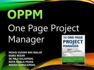 One Page Project
Manager
MOHD YUSOFF BIN WALAT
GURU BESAR
SK HAJI SULAIMAN,
KOTA KUALA MUDA
KEDAH DARULAMAN.
 