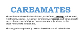 The carbamate insecticides (aldicarb, carbofuran, carbaryl, ethienocarb,
fenobucarb, oxamyl, methomyl, pirimicarb, propoxur, and trimethacarb)
are cholinesterase inhibitors that are structurally related to the
organophosphate compounds.
These agents are primarily used as insecticides and rodenticides.
 