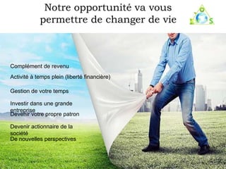 Notre opportunité va vous 
permettre de changer de vie 
Complément de revenu 
Activité à temps plein (liberté financière) 
Gestion de votre temps 
Investir dans une grande 
entreprise 
Devenir votre propre patron 
Devenir actionnaire de la 
société 
De nouvelles perspectives 
 