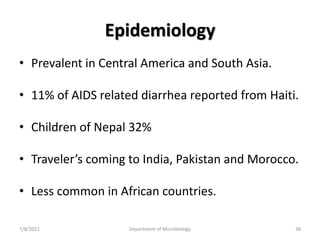 Epidemiology
• Prevalent in Central America and South Asia.
• 11% of AIDS related diarrhea reported from Haiti.
• Children of Nepal 32%
• Traveler’s coming to India, Pakistan and Morocco.
• Less common in African countries.
7/8/2021 Department of Microbiology 38
 