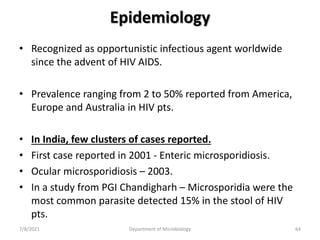 Epidemiology
• Recognized as opportunistic infectious agent worldwide
since the advent of HIV AIDS.
• Prevalence ranging from 2 to 50% reported from America,
Europe and Australia in HIV pts.
• In India, few clusters of cases reported.
• First case reported in 2001 - Enteric microsporidiosis.
• Ocular microsporidiosis – 2003.
• In a study from PGI Chandigharh – Microsporidia were the
most common parasite detected 15% in the stool of HIV
pts.
7/8/2021 Department of Microbiology 64
 