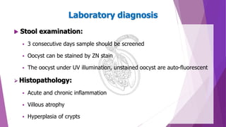  Stool examination:
 3 consecutive days sample should be screened
 Oocyst can be stained by ZN stain
 The oocyst under UV illumination, unstained oocyst are auto-fluorescent
 Histopathology:
 Acute and chronic inflammation
 Villous atrophy
 Hyperplasia of crypts
Laboratory diagnosis
 