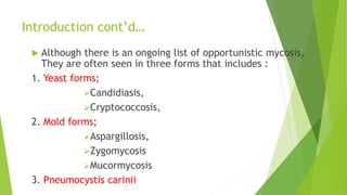 Introduction cont’d…
 Although there is an ongoing list of opportunistic mycosis,
They are often seen in three forms that includes :
1. Yeast forms;
Candidiasis,
Cryptococcosis,
2. Mold forms;
Aspargillosis,
Zygomycosis
Mucormycosis
3. Pneumocystis carinii
 