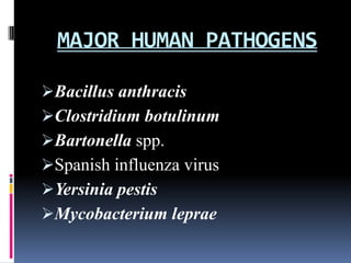 MAJOR HUMAN PATHOGENS

Bacillus anthracis
Clostridium botulinum
Bartonella spp.
Spanish influenza virus
Yersinia pestis
Mycobacterium leprae
 