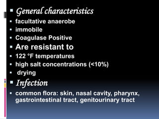  General characteristics
 facultative anaerobe
 immobile
 Coagulase Positive
 Are resistant to
 122 °F temperatures
 high salt concentrations (<10%)
 drying
 Infection
 common flora: skin, nasal cavity, pharynx,
  gastrointestinal tract, genitourinary tract
 