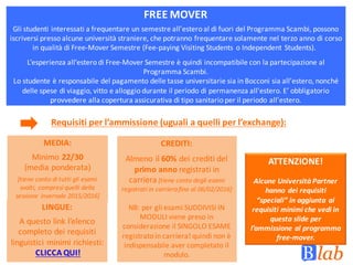 FREE	MOVER	
Gli	studenti	interessati	a	frequentare	un	semestre	all'estero	al	di	fuori	del	Programma	Scambi,	possono	
iscriversi	presso	alcune	università	straniere,	che	potranno	frequentare	solamente	nel	terzo	anno	di	corso	
in	qualità	di	Free-Mover Semestre	(Fee-paying Visiting Students o	Independent Students).
L’esperienza	all’estero	di	Free-Mover Semestre	è	quindi incompatibile con	la	partecipazione	al	
Programma	Scambi.
Lo	studente	è	responsabile	del	pagamento	delle	tasse	universitarie	sia	in	Bocconi	sia	all'estero,	nonché	
delle	spese	di	viaggio,	vitto	e	alloggio	durante	il	periodo	di	permanenza	all'estero.	E’	obbligatorio	
provvedere	alla	copertura	assicurativa	di	tipo	sanitario	per	il	periodo	all'estero.
Requisiti	per	l’ammissione	(uguali	a	quelli	per	l’exchange):	
ATTENZIONE!
Alcune	Università	Partner	
hanno	dei	requisiti	
“speciali”	in	aggiunta	ai	
requisiti	minimi	che	vedi	in	
questa	slide	per	
l’ammissione	al	programma	
free-mover.
MEDIA:
Minimo	22/30
(media	ponderata)
[tiene	conto	di	tutti	gli	esami	
svolti,	compresi	quelli	della	
sessione	invernale	2015/2016]
CREDITI:
Almeno	il	60%	dei	crediti	del	
primo	anno	registrati	in	
carriera	[tiene	conto	degli	esami	
registrati	in	carriera	fino	al	06/02/2016]
NB:	per	gli	esami	SUDDIVISI	IN	
MODULI	viene	preso	in	
considerazione	il	SINGOLO	ESAME	
registrato	in	carriera!	quindi	non	è	
indispensabile	aver	completato	il	
modulo.
LINGUE:
A	questo	link	l’elenco	
completo	dei	requisiti	
linguistici	minimi	richiesti:
CLICCA	QUI!	
 
