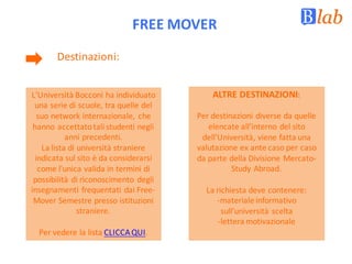 FREE	MOVER
L'Università	Bocconi	ha	individuato	
una	serie	di	scuole,	tra	quelle	del	
suo	network	internazionale,	 che	
hanno	accettato	tali	studenti	negli	
anni	precedenti.	
La	lista	di	università	straniere	
indicata	sul	sito è	da	considerarsi	
come	l'unica	valida	in	termini	di	
possibilità	di	riconoscimento	 degli	
insegnamenti	frequentati	dai	Free-
Mover Semestre	presso	istituzioni	
straniere.
Per	vedere	la	lista	CLICCA	QUI.
Destinazioni:	
ALTRE	DESTINAZIONI:
Per	destinazioni	diverse	da	quelle	
elencate	all’interno	del	sito	
dell’Università,	viene	fatta	una	
valutazione	ex	ante	caso	per	caso	
da	parte	della	Divisione	Mercato-
Study Abroad.	
La	richiesta	deve	contenere:
-materiale	informativo	
sull’università	scelta
-lettera	motivazionale
 