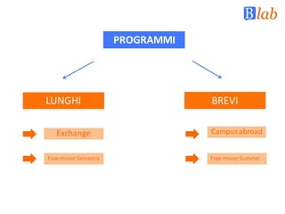 Exchange
Free-mover Semestre
Campus	abroad
Free-mover Summer
BREVILUNGHI
PROGRAMMI
 
