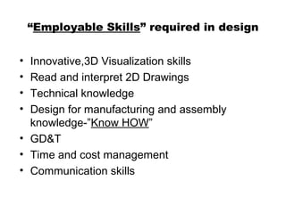 “Employable Skills” required in design
• Innovative,3D Visualization skills
• Read and interpret 2D Drawings
• Technical knowledge
• Design for manufacturing and assembly
knowledge-”Know HOW”
• GD&T
• Time and cost management
• Communication skills
 
